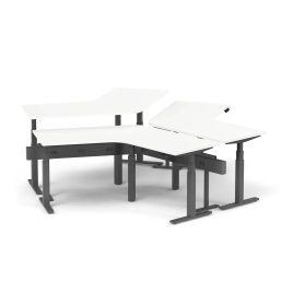 Poppin Series L 3S - Adjustable Height 120 Degree Desk for 3 + Boom Power Rail on Charcoal Legs | Offices