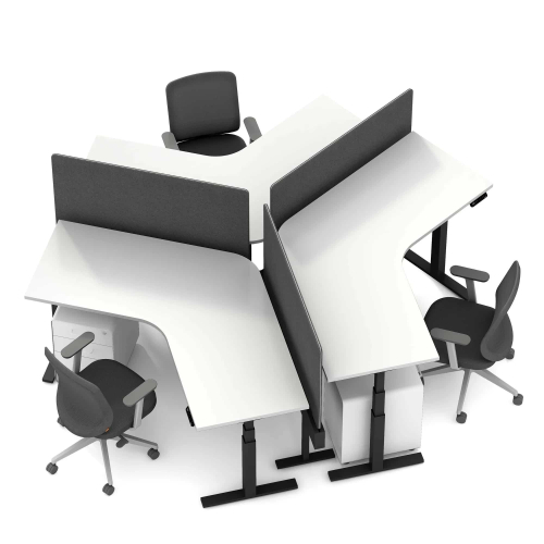 Poppin Series L 3S - Adjustable Height 120 Degree Desk for 3 + Boom Power Rail on Charcoal Legs | Offices-3