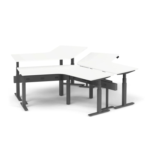 Poppin Series L 3S - Adjustable Height 120 Degree Desk for 3 + Boom Power Rail on Charcoal Legs | Offices