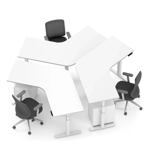Poppin Series L 3S - Adjustable Height 120 Degree Desk for 3 + Boom Power Rail on White Legs | Office & Remote Work-1