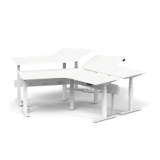 Poppin Series L 3S - Adjustable Height 120 Degree Desk for 3 + Boom Power Rail on White Legs | Office & Remote Work