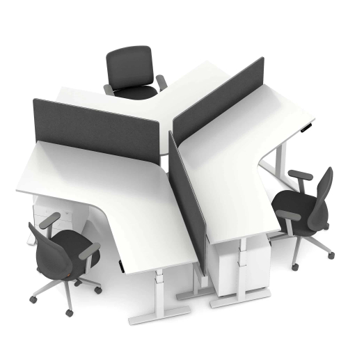 Poppin Series L 3S - Adjustable Height 120 Degree Desk for 3 + Boom Power Rail on White Legs | Office & Remote Work-3