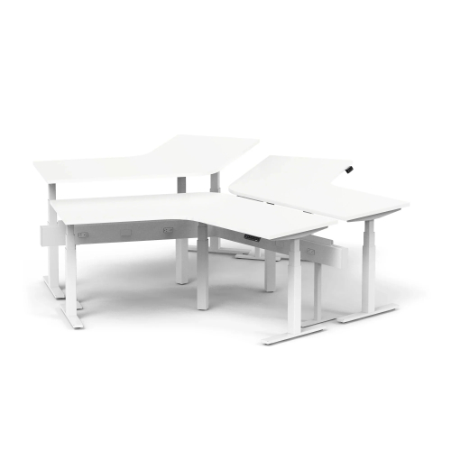 Poppin Series L 3S - Adjustable Height 120 Degree Desk for 3 + Boom Power Rail on White Legs | Office & Remote Work