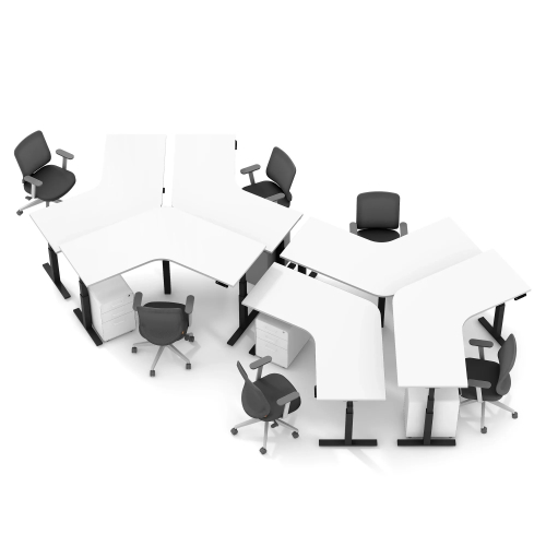 Poppin Series L 3S - Adjustable Height 120 Degree Desk for 6 + Boom Power Rail on Charcoal Legs | Home & Office-1