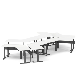 Poppin Series L 3S - Adjustable Height  120 Degree Desk for 6 + Boom Power Rail on Charcoal Legs | Home & Office