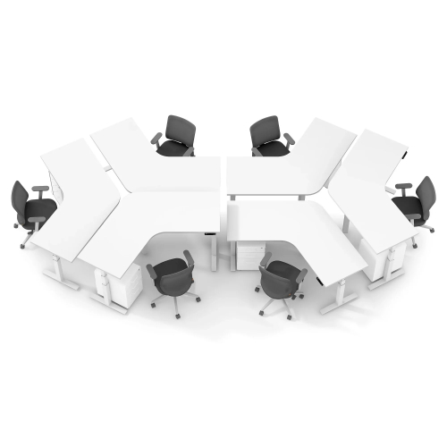 Poppin Series L 3S - Adjustable Height 120 Degree Desk for 6 + Boom Power Rail on White Legs | Workspaces-2