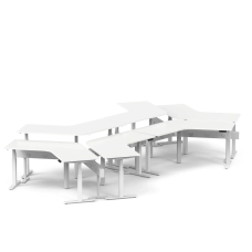Poppin Series L 3S - Adjustable Height 120 Degree Desk for 6 + Boom Power Rail on White Legs | Workspaces