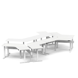 Poppin Series L 3S - Adjustable Height  120 Degree Desk for 6 + Boom Power Rail on White Legs | Workspaces