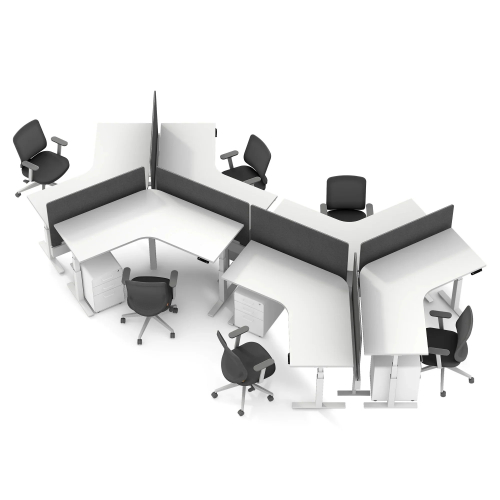 Poppin Series L 3S - Adjustable Height 120 Degree Desk for 6 + Boom Power Rail on White Legs | Workspaces-3