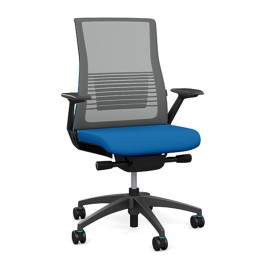 SitOnIt Vectra task chair with high back, mesh back, blue fabric seat, grey frame, on wheels