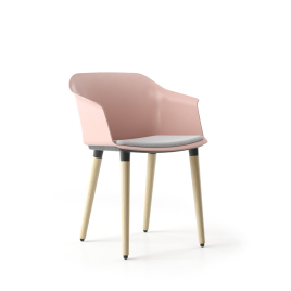 Narbutas POLYTONE-C - Visitor Chair, Pink Shell, Upholstered Grey Seat, Natural Ash Wood 4 leg Base With Soft Plastic Glides | Business Spaces