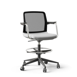 Narbutas WIND - Task High Swivel Chair, Black Mesh Backrest, Grey Upholstered Seat, Chromed Steel Swivel Frame, Black Fiberglass Base, Polyamide Castors | Small Spaces