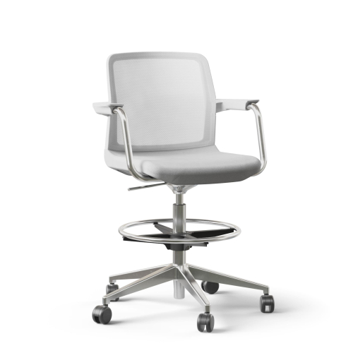 Narbutas WIND - Task High Swivel Chair, White Mesh Backrest, Grey Upholstered Seat, Chromed Steel Swivel Frame, Polished Aluminium Base, Rubber Castors | Multi-purpose Offices