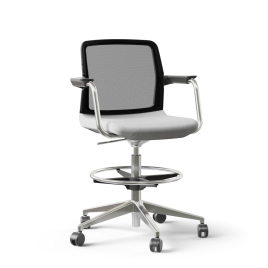 Narbutas WIND - Task High Swivel Chair, Black Mesh Backrest, Grey Upholstered Seat, Powder-Coated Steel Frame, Polished Aluminium Base, Polyamide Castors | Office & Home