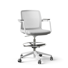 Narbutas WIND - Task High Swivel Chair, White Mesh Backrest, Grey Upholstered Seat, Powder-Coated Steel Frame, White Fiberglass Base, Polyamide Castors | Offices