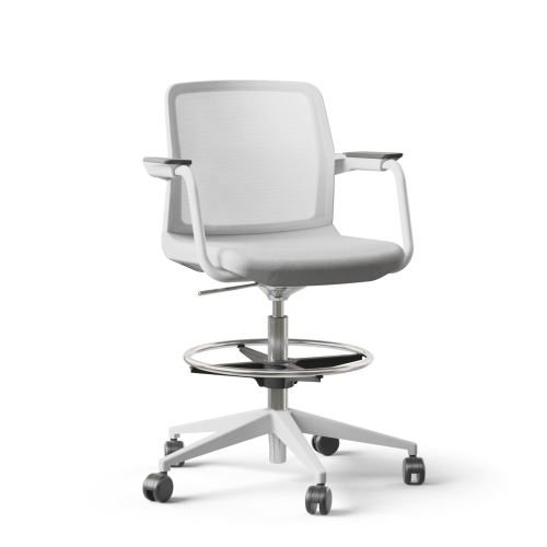 Narbutas WIND - Task High Swivel Chair, White Mesh Backrest, Grey Upholstered Seat, Powder-Coated Steel Frame, White Fiberglass Base, Polyamide Castors | Offices