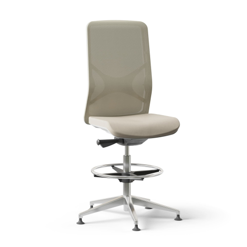Narbutas WIND - Task High Swivel Chair, White Plastic Frame, Beige Upholstered Seat And Beige Mesh Backrest, Polished Aluminium Base, Polyamide Glides | Lightweight Design