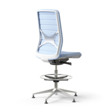 Narbutas WIND - Task High Swivel Chair, White Plastic Frame, Blue Upholstered Seat And Blue Mesh Backrest, Polished Aluminium Base, Polyamide Glides | Desk Work