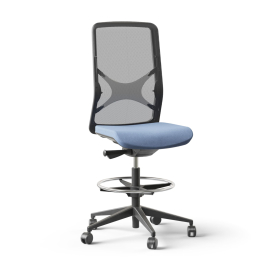 Narbutas WIND - Task High Swivel Chair, Black Plastic Frame, Blue Upholstered Seat And Grey Mesh Backrest, Black Fiberglass Plastic Base, Polyamide Castors | Desk Work