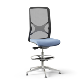 Narbutas WIND - Task High Swivel Chair, Black Plastic Frame, Blue Upholstered Seat And Grey Mesh Backrest, Polished Aluminium Base, Polyamide Castors | Offices