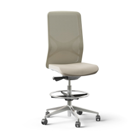 Narbutas WIND - Task High Swivel Chair, White Plastic Frame, Beige Upholstered Seat And Beige Mesh Backrest, Polished Aluminium Base, Rubber Castors | Office Environments