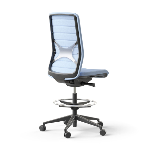Narbutas WIND - Task High Swivel Chair, Black Plastic Frame, Blue Upholstered Seat And Blue Mesh Backrest, Black Plastic Base, Rubber Castors | Ergonomic Support