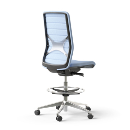 Narbutas WIND - Task High Swivel Chair, Black Plastic Frame, Blue Upholstered Seat And Blue Mesh Backrest, Polished Aluminium Base, Rubber Castors | Desk Use