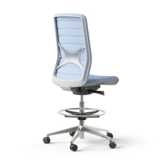 Narbutas WIND - Task High Swivel Chair, White Plastic Frame, Blue Upholstered Seat And Blue Mesh Backrest, Polished Aluminium Base, Polyamide Castors | Adjustable Comfort