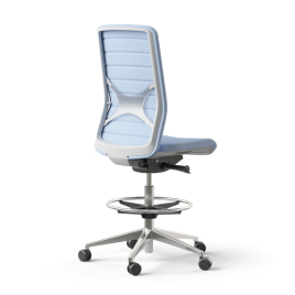 Narbutas WIND - Task High Swivel Chair, White Plastic Frame, Blue Upholstered Seat And Blue Mesh Backrest, Polished Aluminium Base, Polyamide Castors | Adjustable Comfort