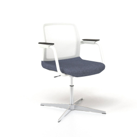 Narbutas WIND - Visitor Chair, White Mesh Backrest, Blue Upholstered Seat, Powder-Coated Steel Swivel Frame, Polished Aluminium Base | Offices