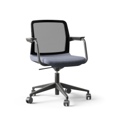 Narbutas WIND - Visitor Chair, Back Mesh Backrest, Blue Upholstered Seat, Powder-Coated Steel Swivel Frame, Black Fiberglass Base, Polyamide Castors | Reception Spaces