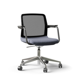 Narbutas WIND - Visitor Chair, Back Mesh Backrest, Blue Upholstered Seat, Powder-Coated Steel Swivel Frame, Polished Aluminium Base, Rubber Castors | Lounges