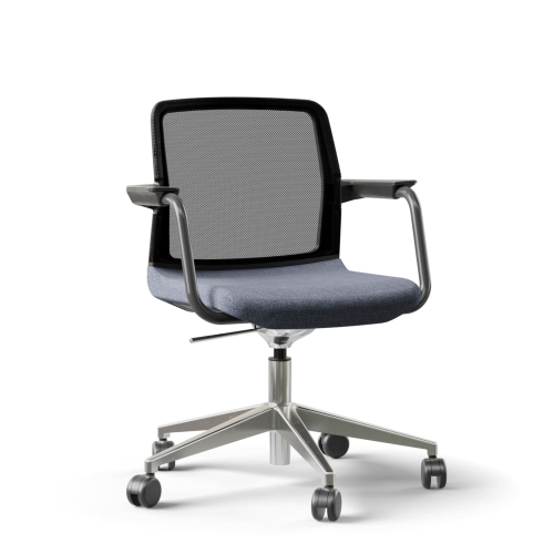 Narbutas WIND - Visitor Chair, Back Mesh Backrest, Blue Upholstered Seat, Powder-Coated Steel Swivel Frame, Polished Aluminium Base, Polyamide Castors | Offices