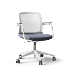 Narbutas WIND - Visitor Chair, White Mesh Backrest, Blue Upholstered Seat, Powder-Coated Steel Swivel Frame, White Fiberglass Base, Polyamide Castors | Hotels & Offices
