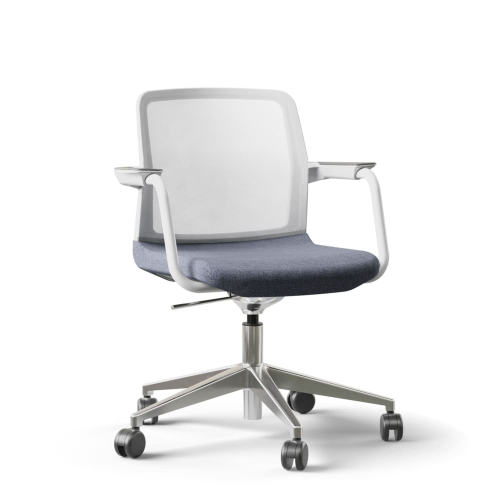 Narbutas WIND - Visitor Chair, White Mesh Backrest, Blue Upholstered Seat, Powder-Coated Steel Swivel Frame, Polished Aluminium Base, Rubber Castors | Waiting Areas
