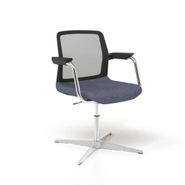 Narbutas WIND - Visitor Chair, Black Mesh Backrest, Blue Upholstered Seat, Chromed Steel Swivel Frame, Polished Aluminium Base | Hotels & Offices