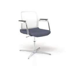 Narbutas WIND - Visitor Chair, White Mesh Backrest, Blue Upholstered Seat, Chromed Steel Swivel Frame, Polished Aluminium Base | Cozy Seating