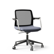 Narbutas WIND - Visitor Chair, Black Mesh Backrest, Blue Upholstered Seat, Chromed Steel Swivel Framel, Black Fiberglass Base, Polyamide Castors | Commercial Spaces