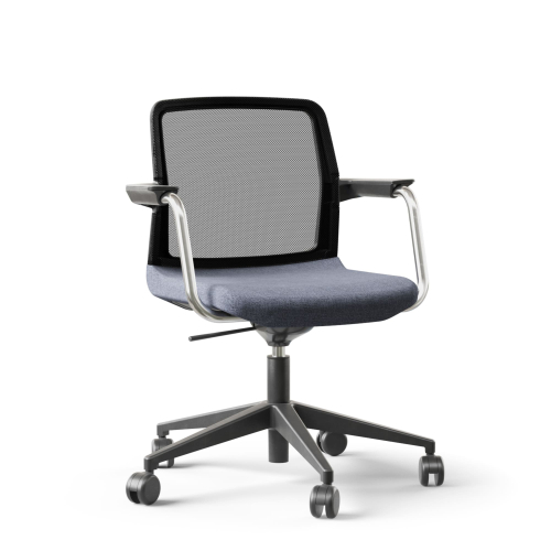 Narbutas WIND - Visitor Chair, Black Mesh Backrest, Blue Upholstered Seat, Chromed Steel Swivel Framel, Black Fiberglass Base, Polyamide Castors | Commercial Spaces