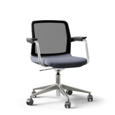 Narbutas WIND - Visitor Chair, Black Mesh Backrest, Blue Upholstered Seat, Chromed Steel Swivel Framel, Polished Aluminium Base, Polyamide Castors | Modern Design