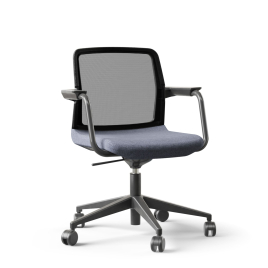 Narbutas WIND - Visitor Chair, Back Mesh Backrest, Blue Upholstered Seat, Powder-Coated Steel Swivel Frame, Black Fiberglass Base, Polyamide Castors | Premium Comfort