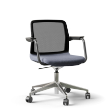 Narbutas WIND - Visitor Chair, Back Mesh Backrest, Blue Upholstered Seat, Powder-Coated Steel Swivel Frame, Polished Aluminium Base, Polyamide Castors | Office & Home