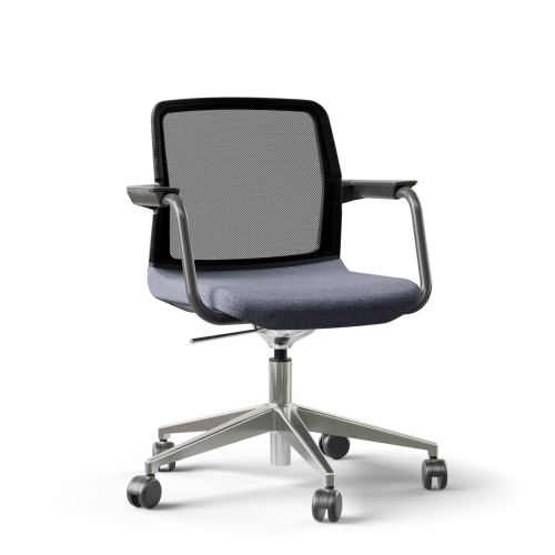 Narbutas WIND - Visitor Chair, Back Mesh Backrest, Blue Upholstered Seat, Powder-Coated Steel Swivel Frame, Polished Aluminium Base, Polyamide Castors | Office & Home