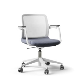 Narbutas WIND - Visitor Chair, White Mesh Backrest, Blue Upholstered Seat, Powder-Coated Steel Swivel Frame, White Fiberglass Base, Rubber Castors | Reception Spaces