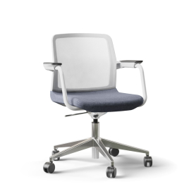 Narbutas WIND - Visitor Chair, White Mesh Backrest, Blue Upholstered Seat, Powder-Coated Steel Swivel Frame, Polished Aluminium Base, Rubber Castors | Offices