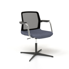 Narbutas WIND - Visitor Chair, Black Mesh Backrest, Blue Upholstered Seat, Chromed Steel Swivel Frame, Black Painted Aluminium Base | Lounges