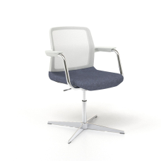 Narbutas WIND - Visitor Chair, White Mesh Backrest, Blue Upholstered Seat, Chromed Steel Swivel Frame, Polished Aluminium Base | Business Spaces