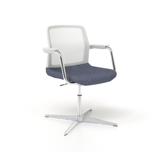 Narbutas WIND - Visitor Chair, White Mesh Backrest, Blue Upholstered Seat, Chromed Steel Swivel Frame, Polished Aluminium Base | Business Spaces