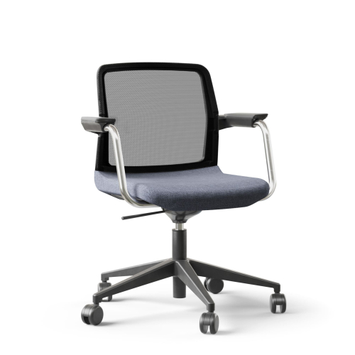 Narbutas WIND - Visitor Chair, Black Mesh Backrest, Blue Upholstered Seat, Chromed Steel Swivel Framel, Black Fiberglass Base, Polyamide Castors | Waiting Areas