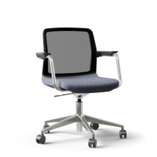 Narbutas WIND - Visitor Chair, Black Mesh Backrest, Blue Upholstered Seat, Chromed Steel Swivel Framel, Polished Aluminium Base, Polyamide Castors | Reception Rooms